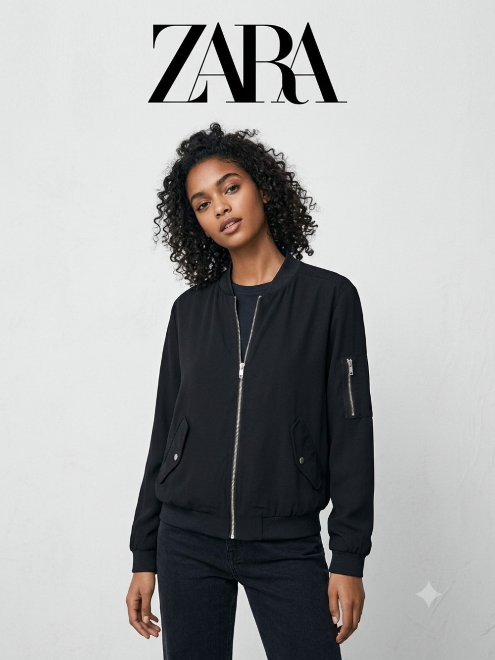 Zara Black Bomber Jacket with Silver Zip